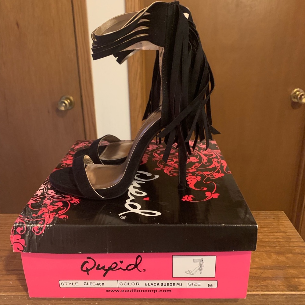 fringe black strap high heels, new with box!